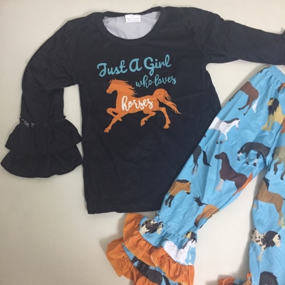 Boutique Horse Ruffle cute girl pants set - Picture 3 of 6